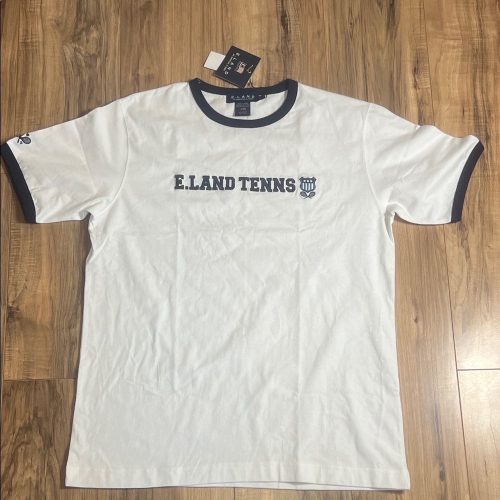 NWT  E.LAND TENNS Ringer T-Shirt With Navy Blue Trim On Neck and Sleeve Sz L